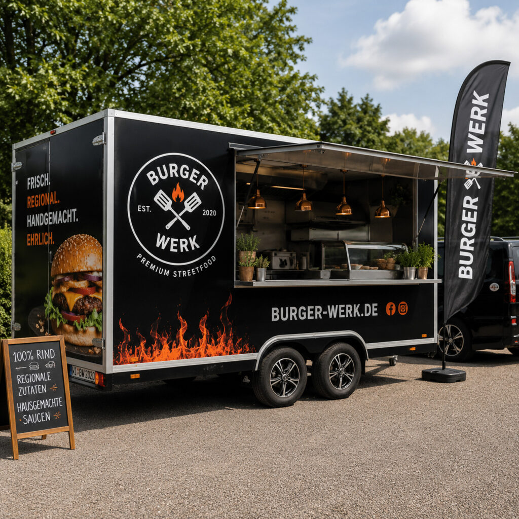 Professionell beschrifteter Verkaufsanhänger für Streetfood mit hochwertigem Werbedesign und auffälliger Fahrzeugwerbung.
