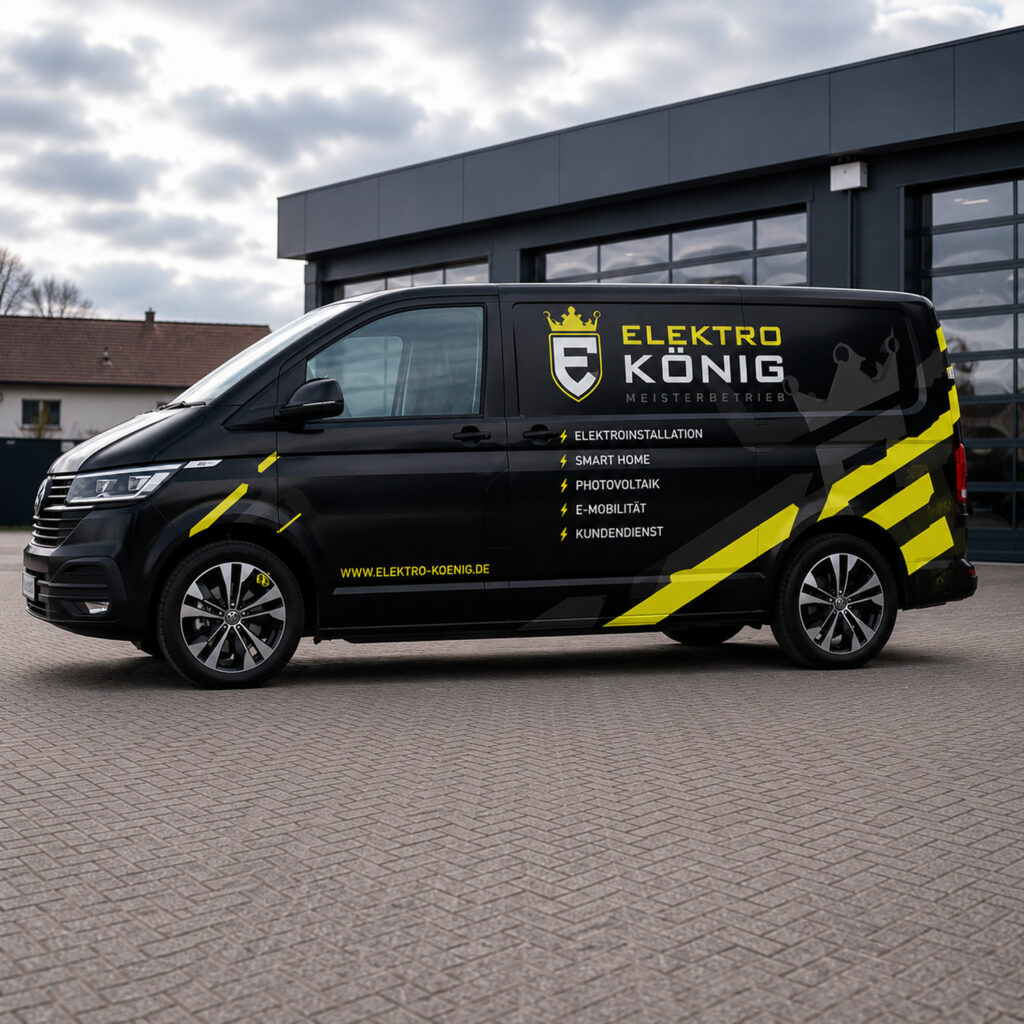 Professionell beschrifteter Firmenwagen eines Elektrobetriebs mit moderner Fahrzeugbeschriftung in Darmstadt.