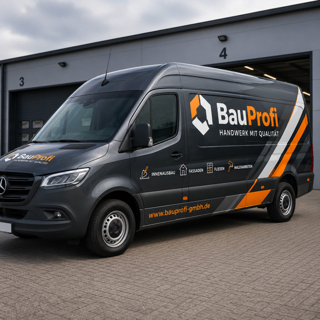 Professionell beschrifteter Mercedes Sprinter eines Handwerksbetriebs mit hochwertiger Fahrzeugwerbung in Darmstadt.